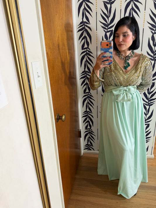 60s Vibes Victoria Royal Ltd. Embellished Chiffon Sea foam Green Gown S-M & possible size L