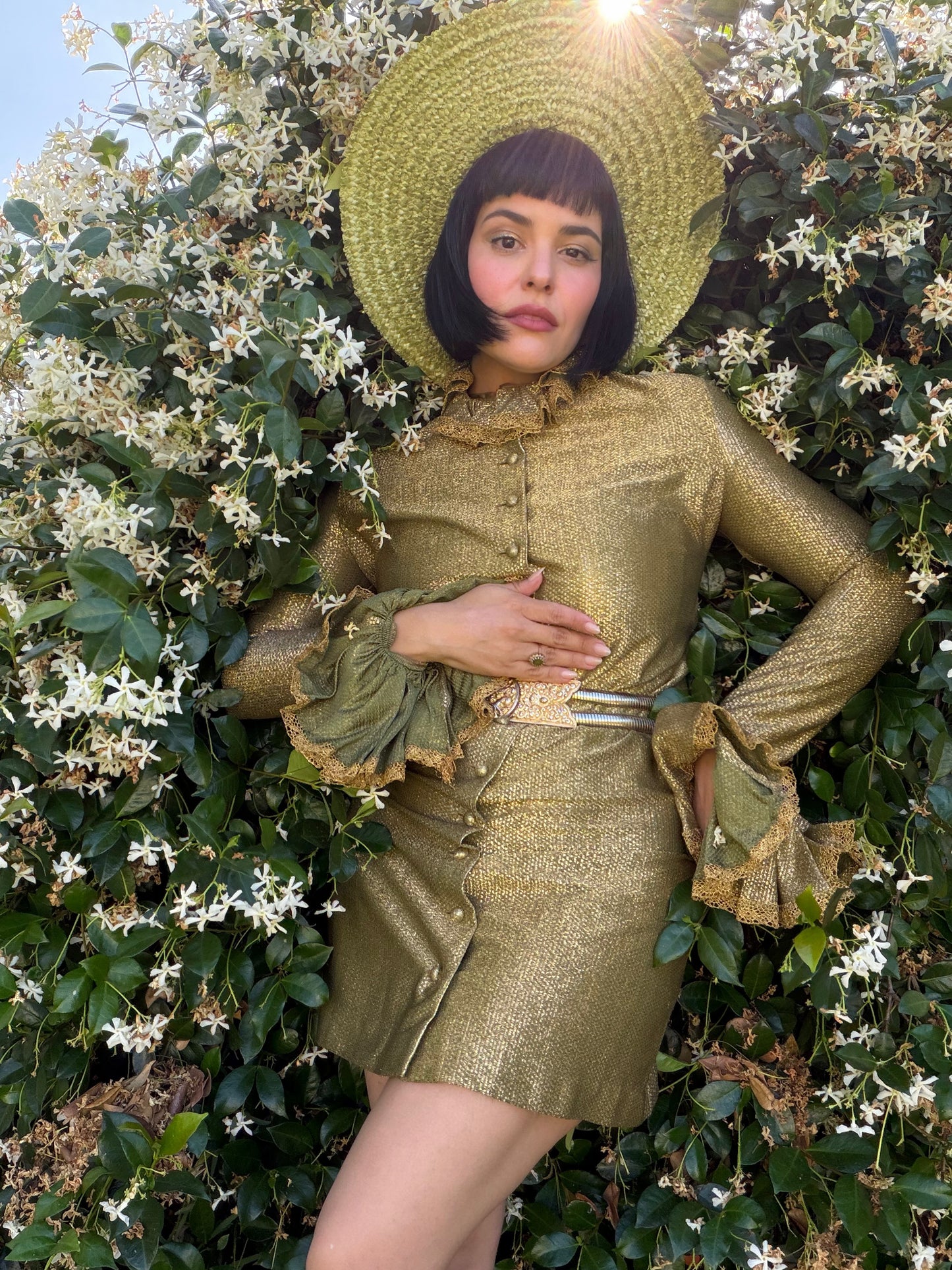Vintage RARE 70s Betsey Johnson Paraphernalia Gold Metallic Bell Sleeve Mini Duster Dress XS-M