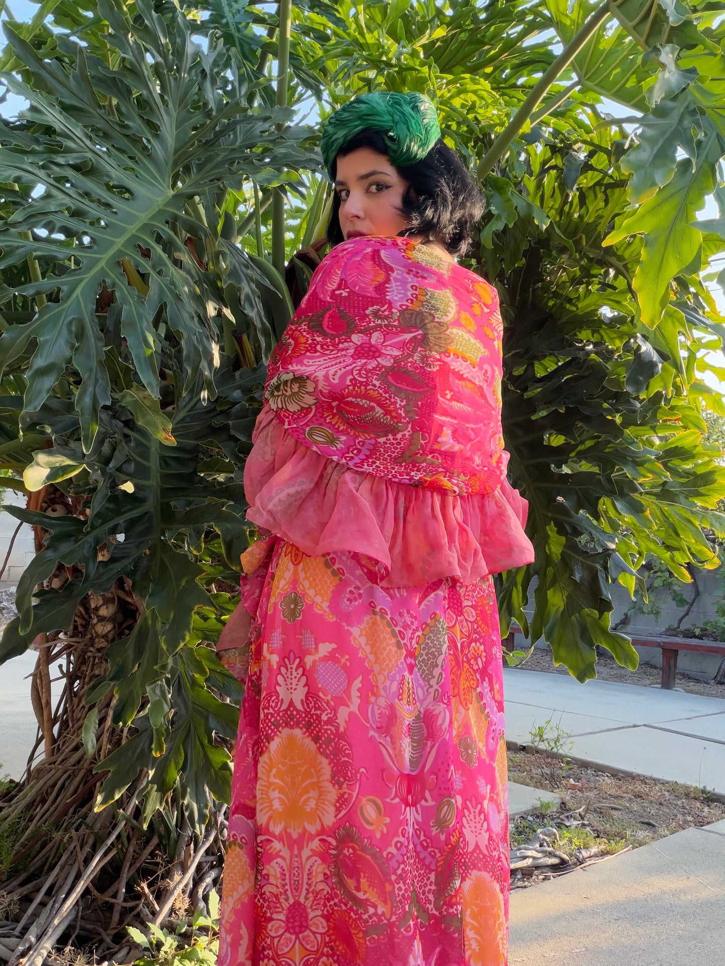 Vintage 60s Malcolm Starr Elinor Simmons Silk Chiffon Pink floral Psychedelic Maxi Gown & Shawl Fits XS-SM