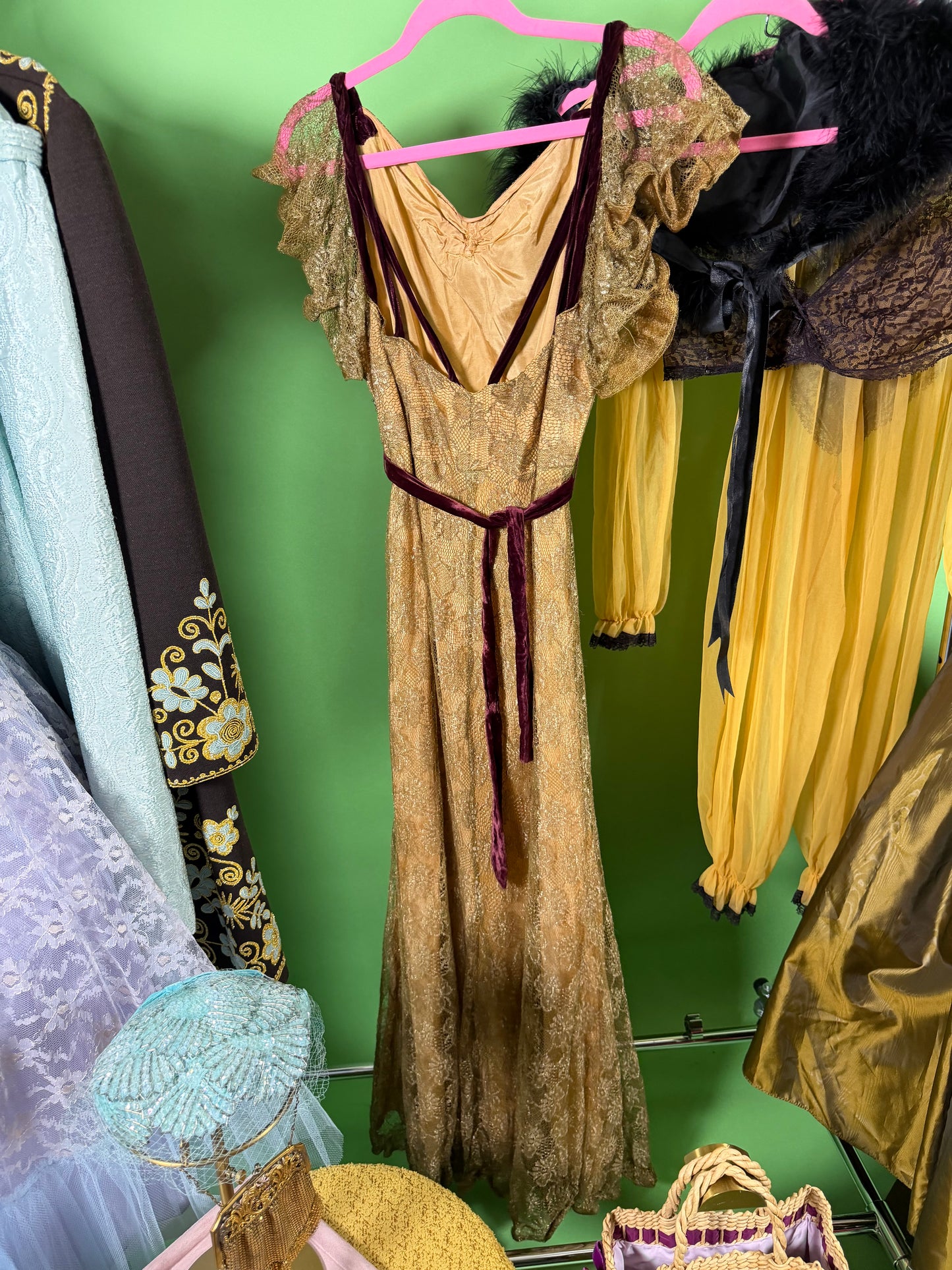 Vintage 30s Bronze Metallic Lace with Velvet Detail Gown Fits XS-SM & Possible size M