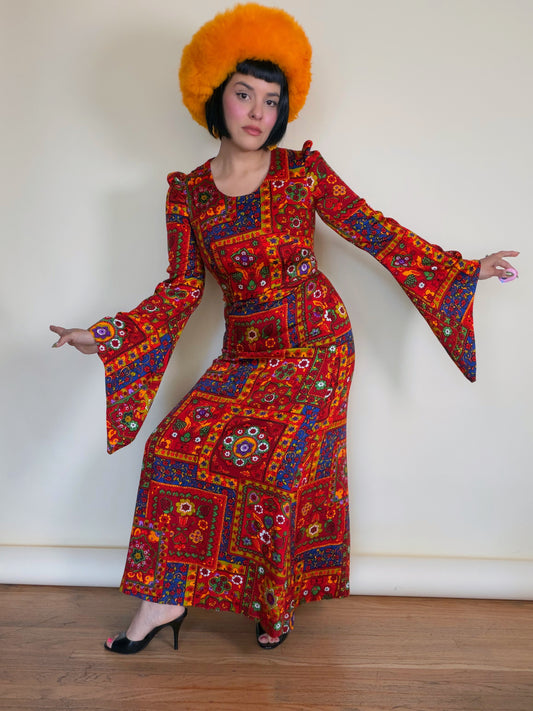 Vintage 60s Renaissance Wizard Sleeve Maxi Dress Fits XS-SM