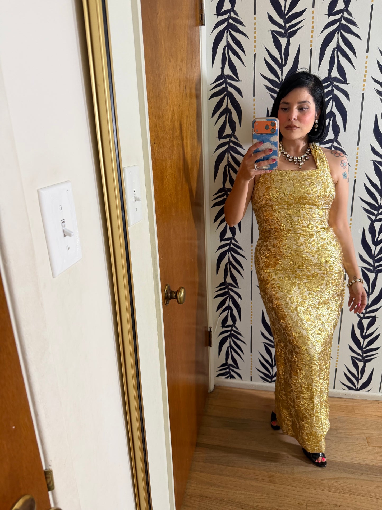 50s Vintage Gold Brocade Bombshell Halter Gown XS-SM