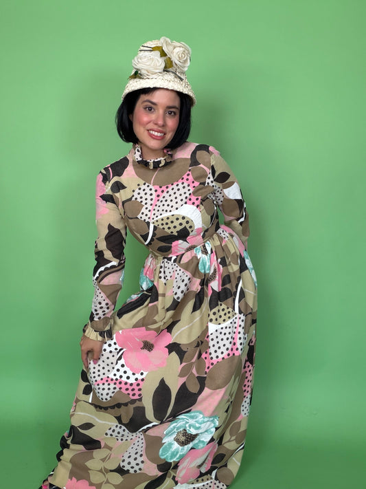 Vintage 60s Neutral Tone Psychedelic Maxi Dress XS-M