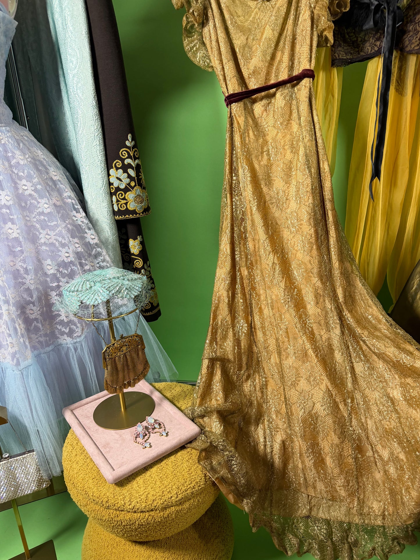 Vintage 30s Bronze Metallic Lace with Velvet Detail Gown Fits XS-SM & Possible size M