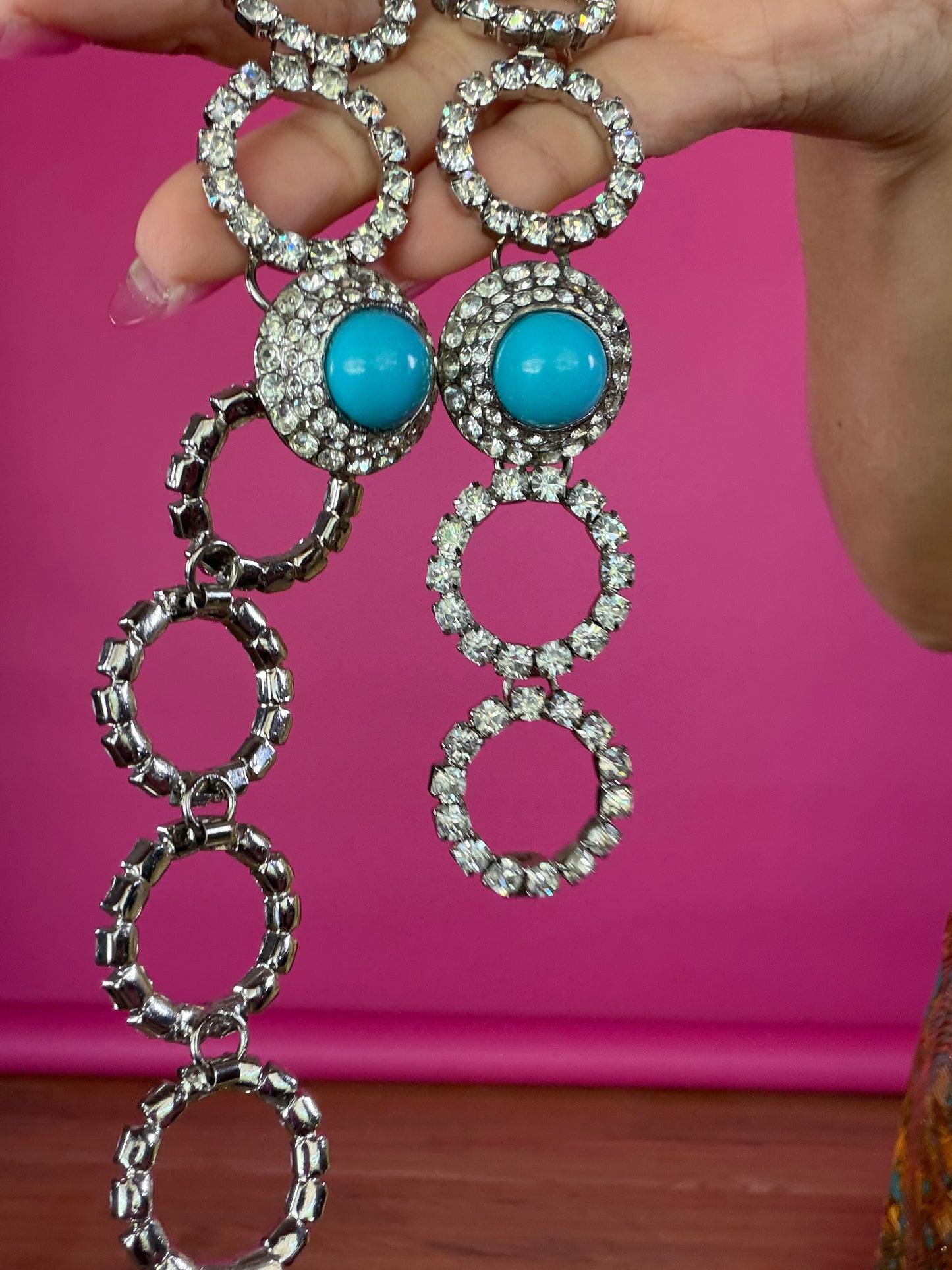 Vintage 60s Turquoise & Rhinestone Chain Belt/Necklace
