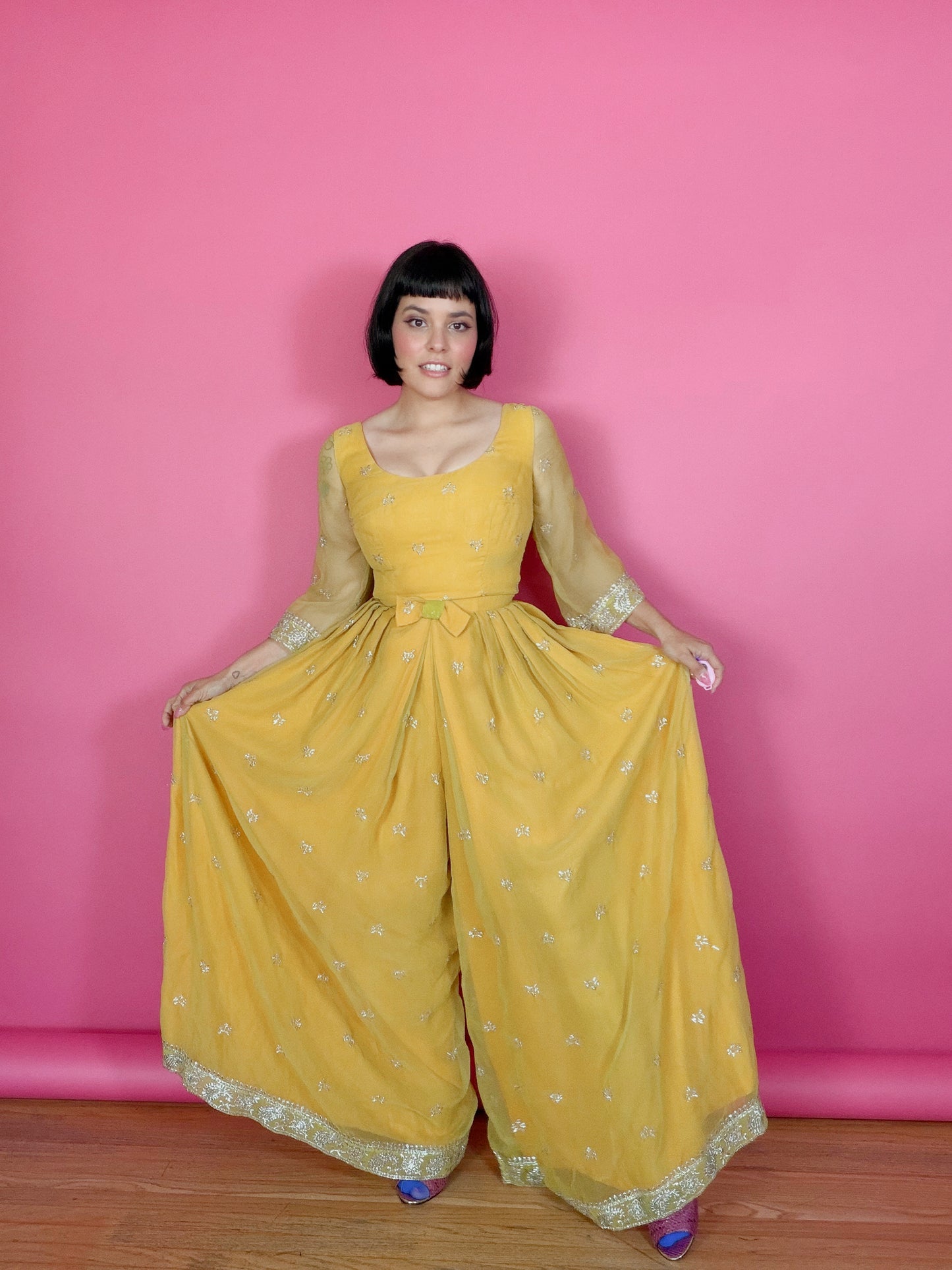 Vintage 60s Kukulus Originals Marigold Chiffon Jumpsuit Fits XS-SM
