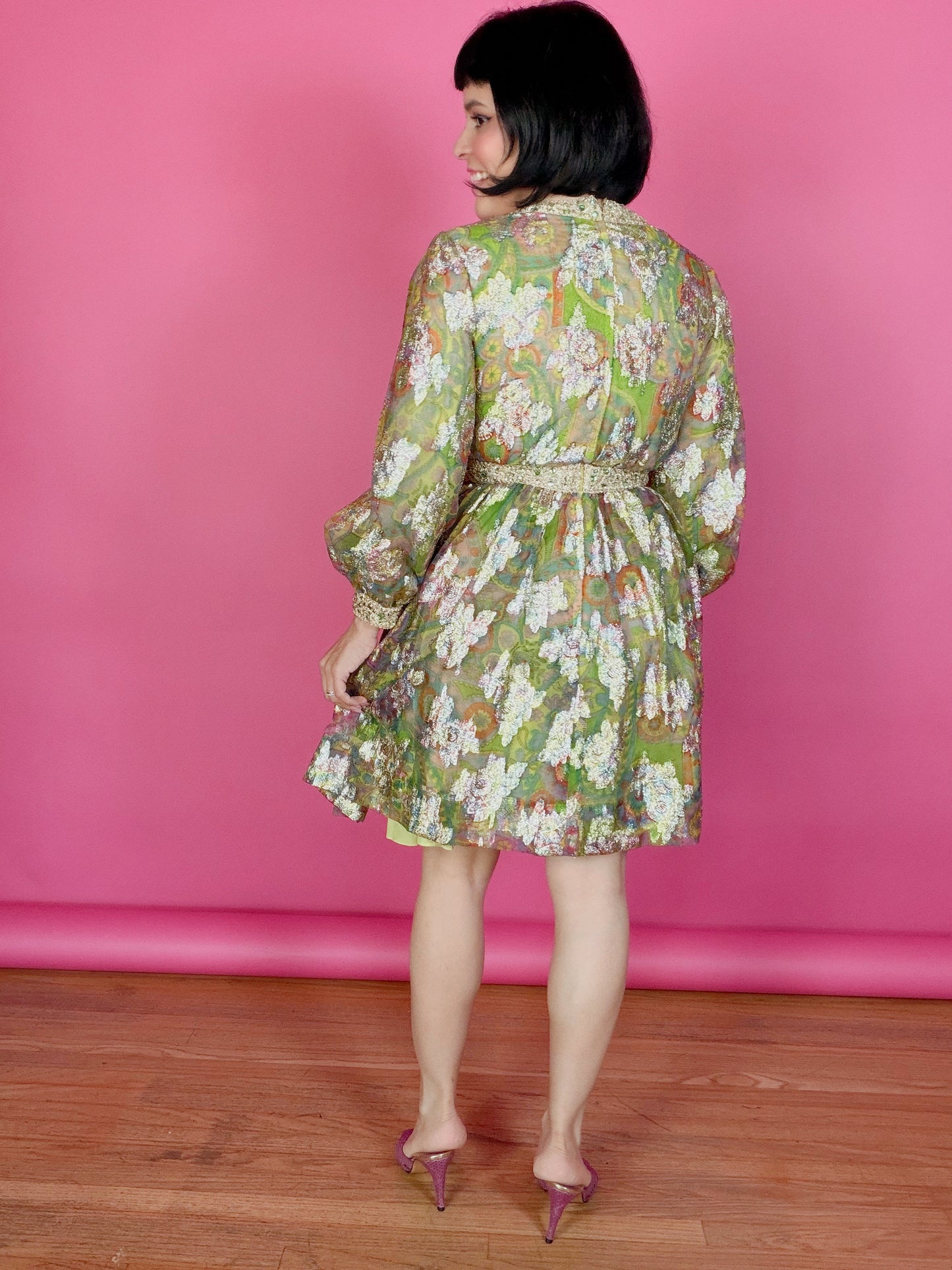 Vintage 60s Saks 5th Ave Chartreuse Rainbow & Gold Lame Cocktail Dress Fits XS-SM