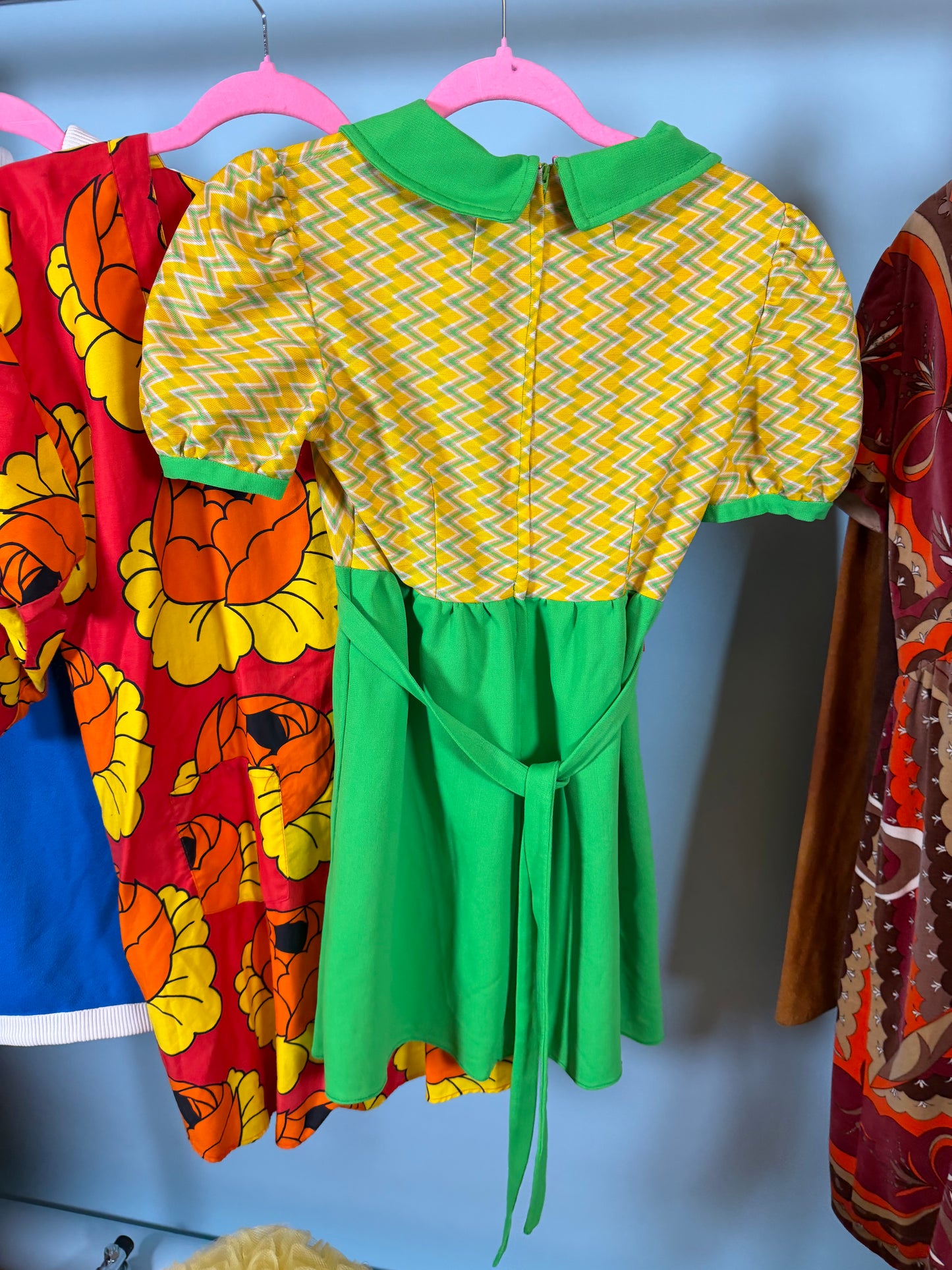 Vintage 60s 70s Green and Yellow Diamond Print Baby Doll Dress - Fits Size XS-M