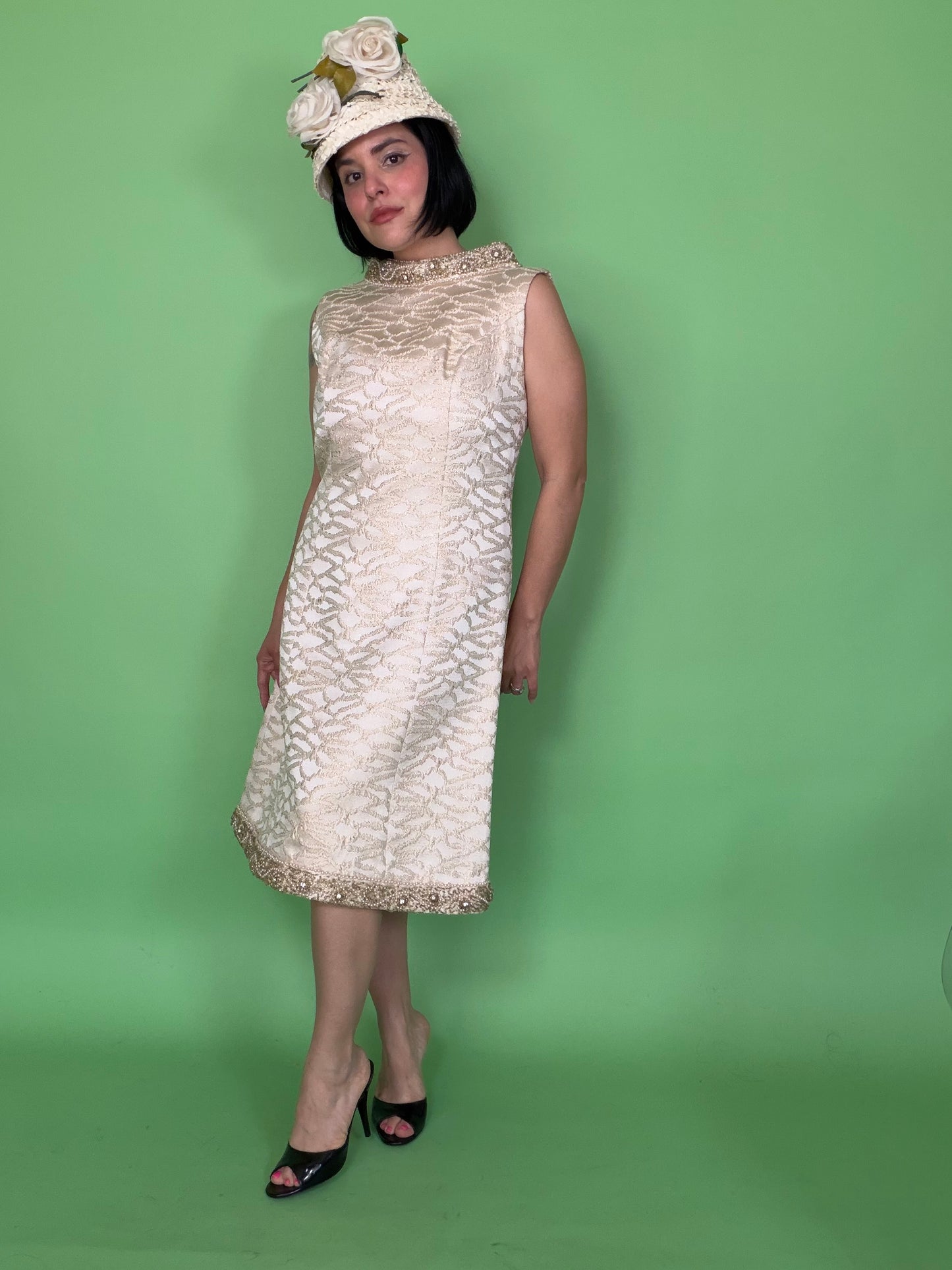 Vintage 60s Mod White Brocade Cocktail Dress by Bullock Whilshire fits S-M & possible size L