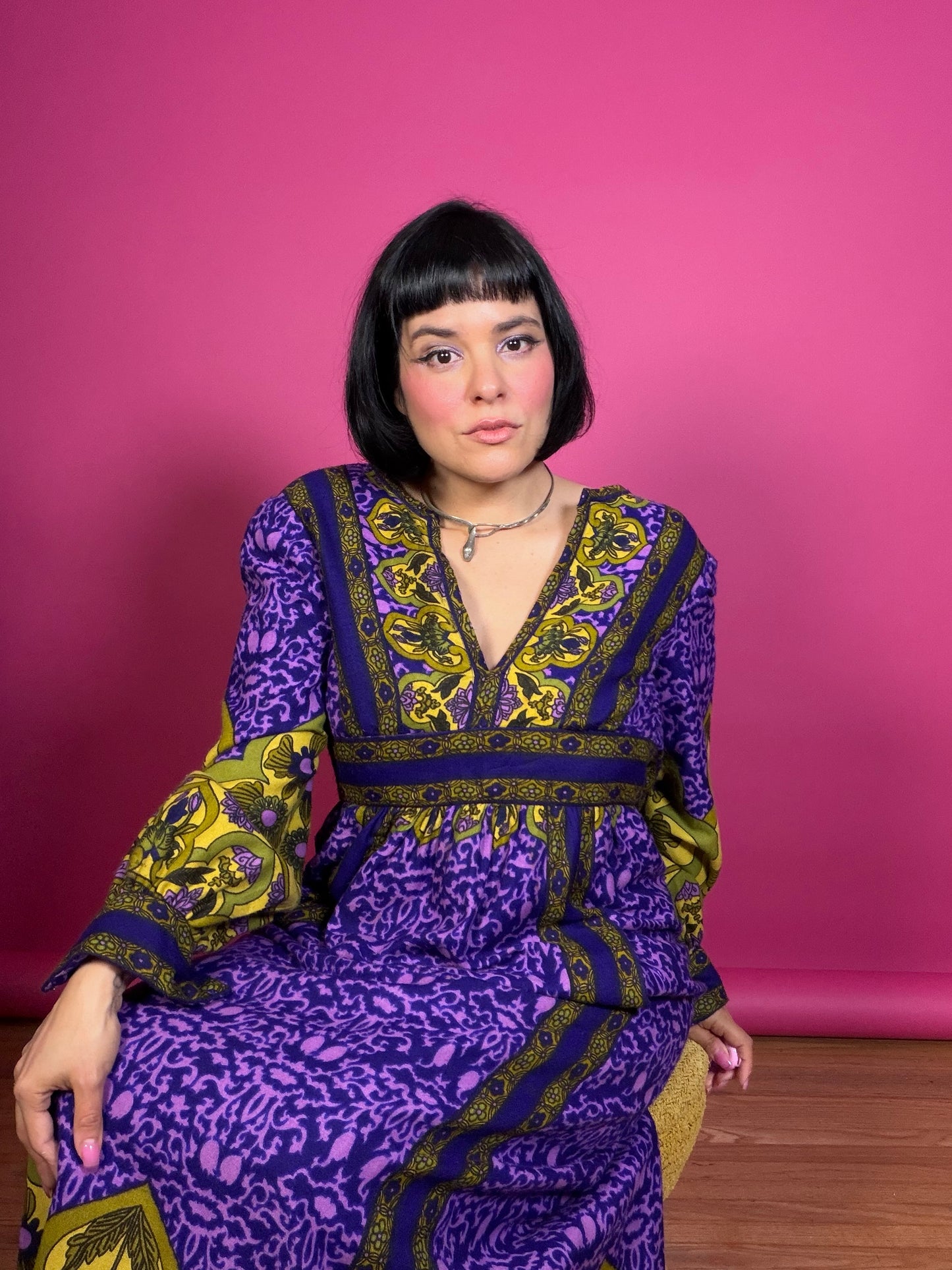 Vintage 60s RARE Malcolm Starr Purple & Chartreuse Maxi Dress XS-SM
