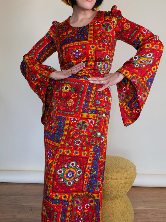 Vintage 60s Renaissance Wizard Sleeve Maxi Dress Fits XS-SM