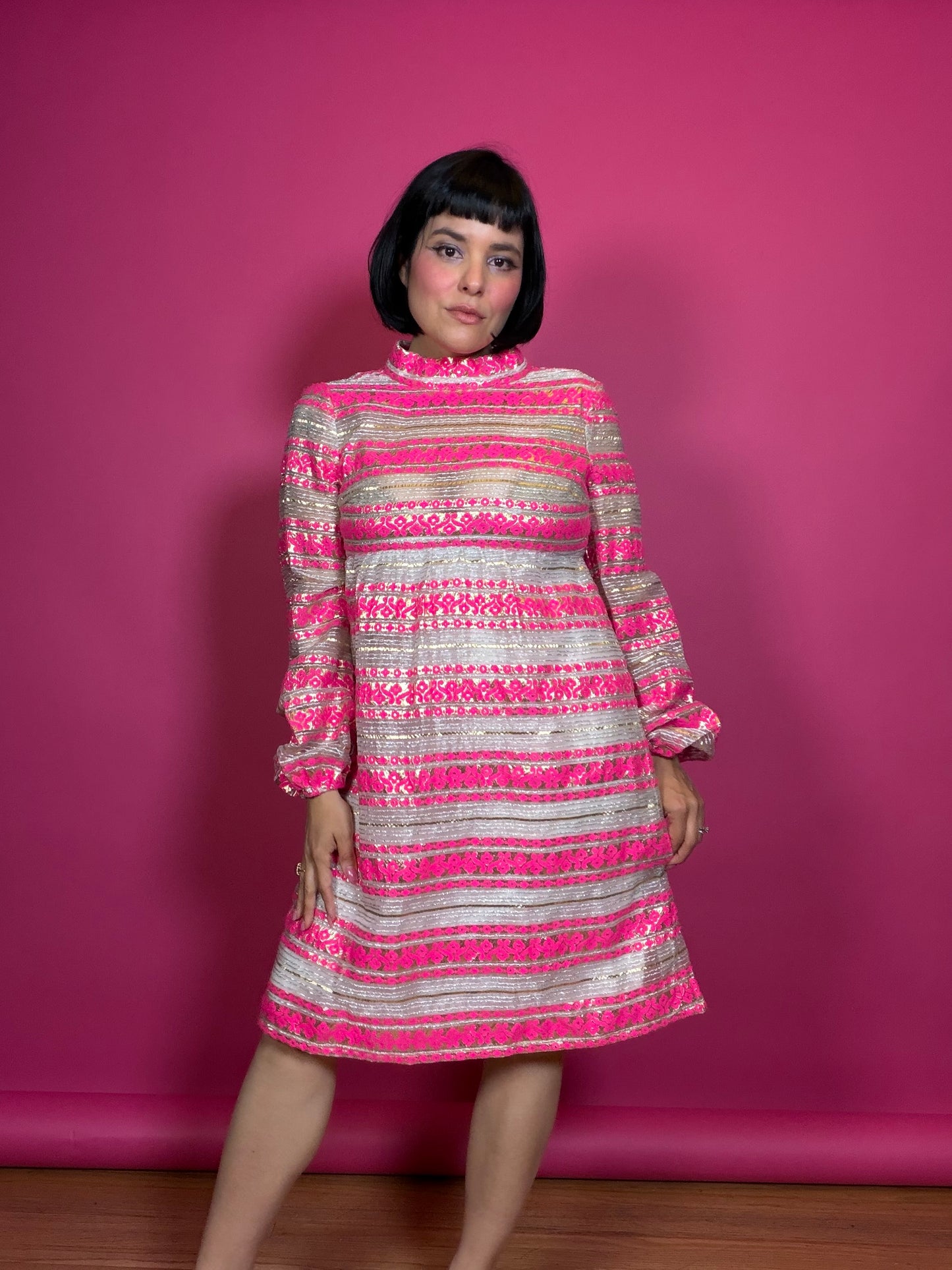 Vintage 60s Pink & Silver Babydoll Dress XS-M