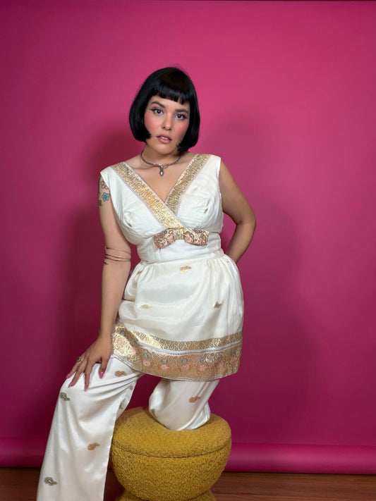Vintage 60s White & Champagne Gold Silk Pant Set Fits XS-SM
