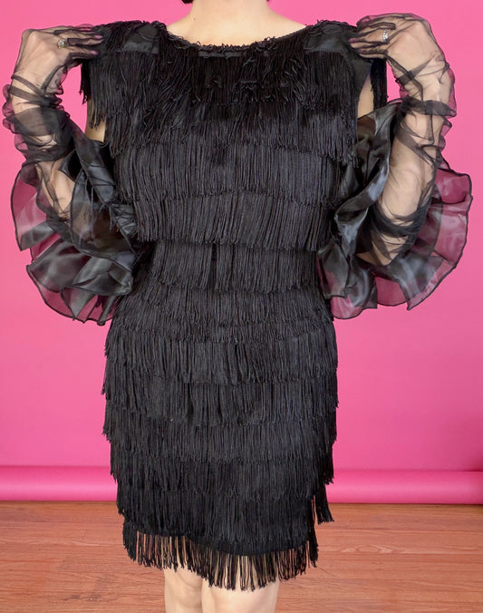 Vintage 70s / 80s Black Fringe Wiggle Dress Made by Roberta