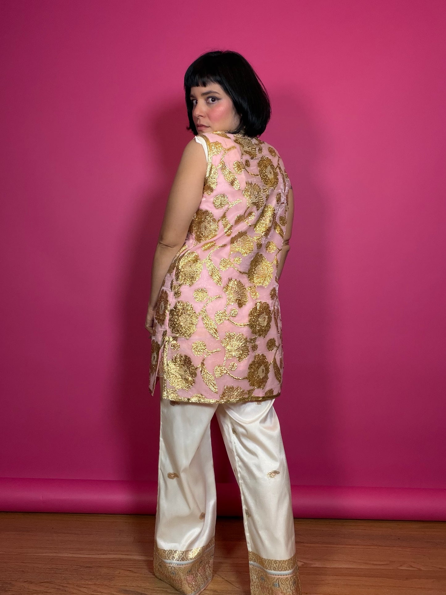 Vintage 60s Pink & Gold Tunic Vest Fits XS-M