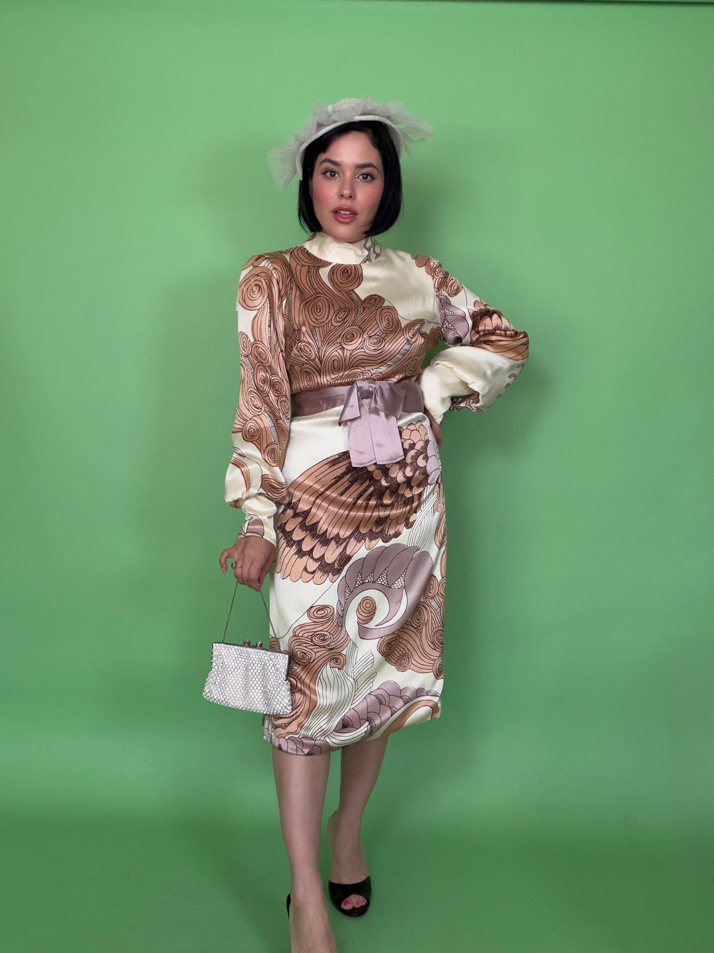 Vintage 60s Silk Satin Estevez Abstract Feather Print Dress XS-M
