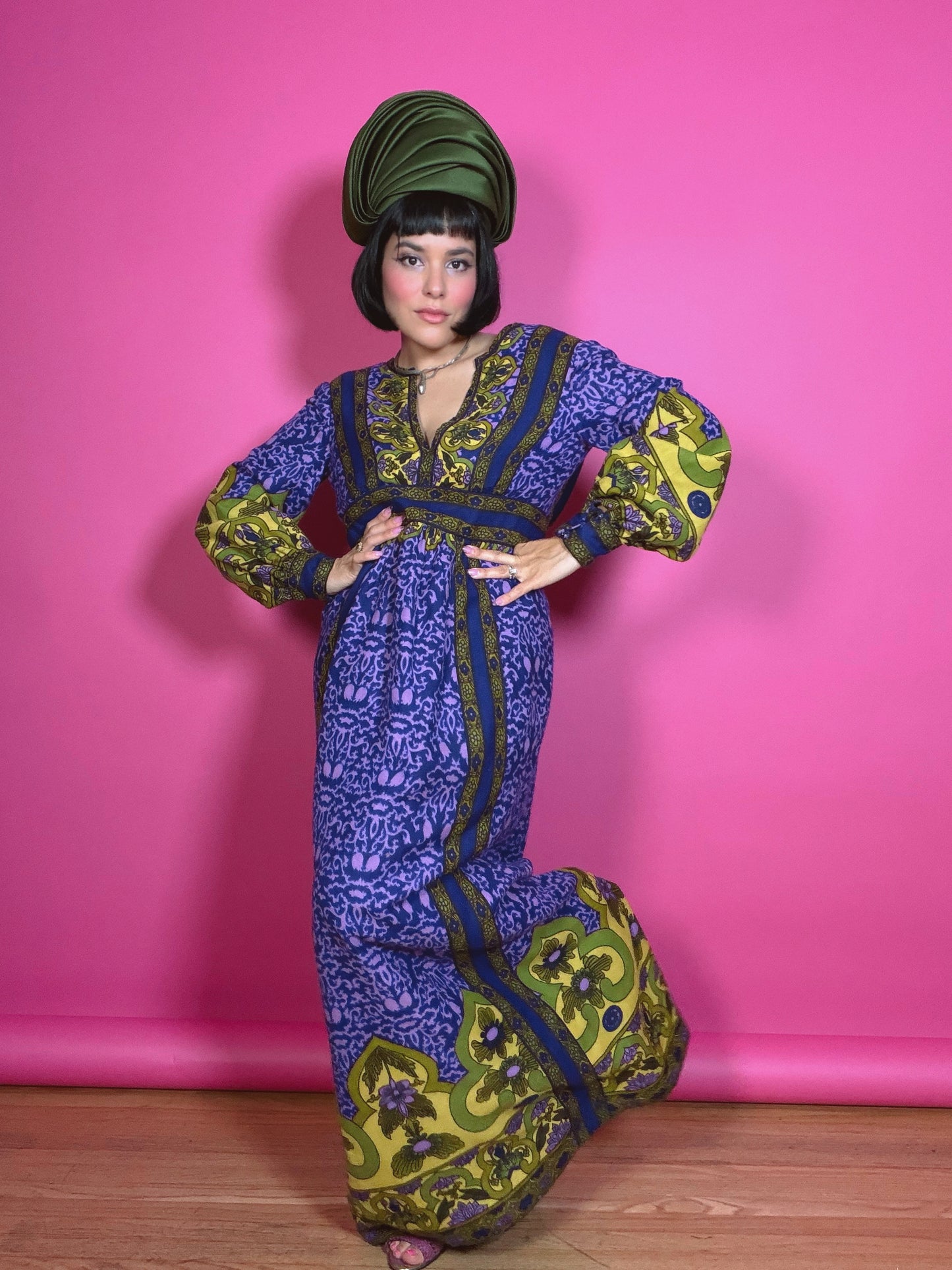 Vintage 60s RARE Malcolm Starr Purple & Chartreuse Maxi Dress XS-SM