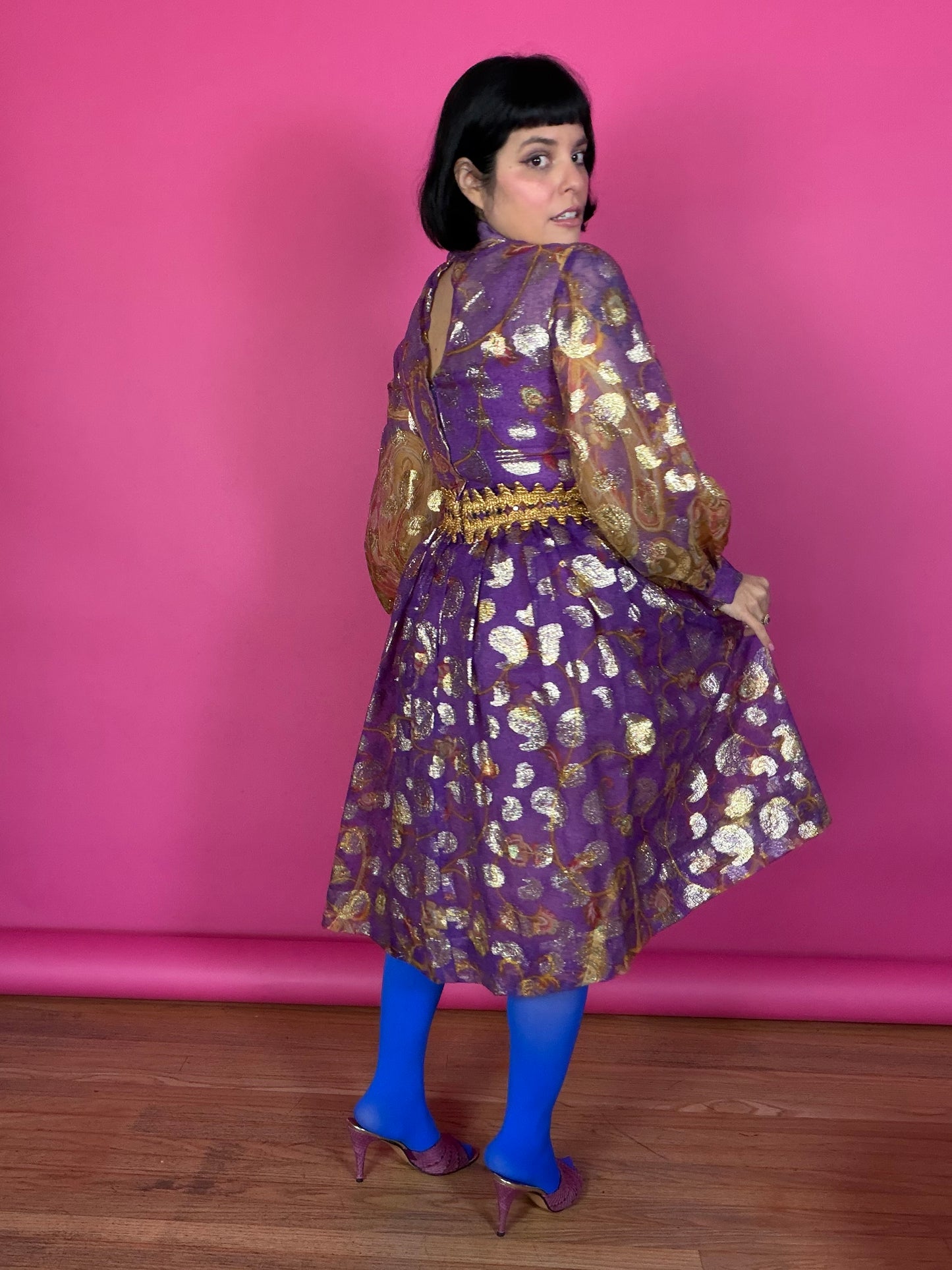 Vintage 60s Carrie Couture Purple & Gold Lame Cocktail Dress Fits XS-SM