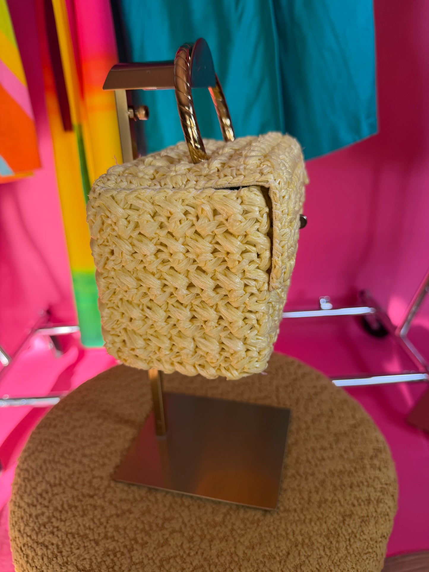 Vintage 60s Italian Yellow Raffia Box Purse