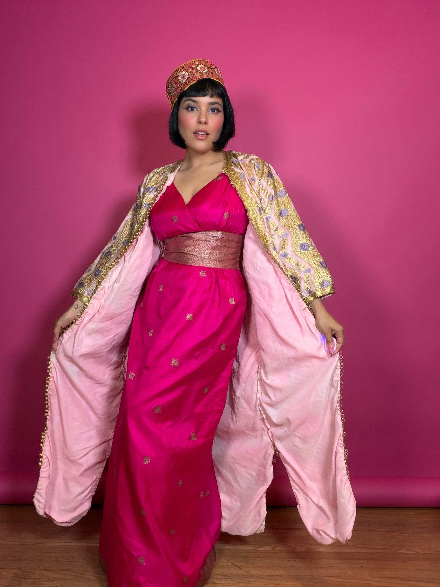 Vintage 60s Silk Fuchsia Pink & Gold Gown S-M
