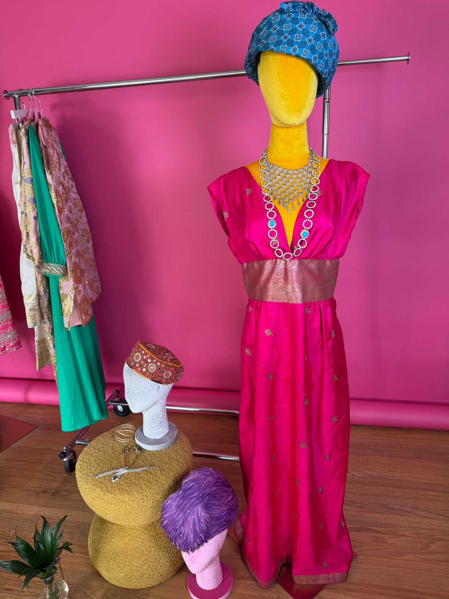 Vintage 60s Silk Fuchsia Pink & Gold Gown S-M