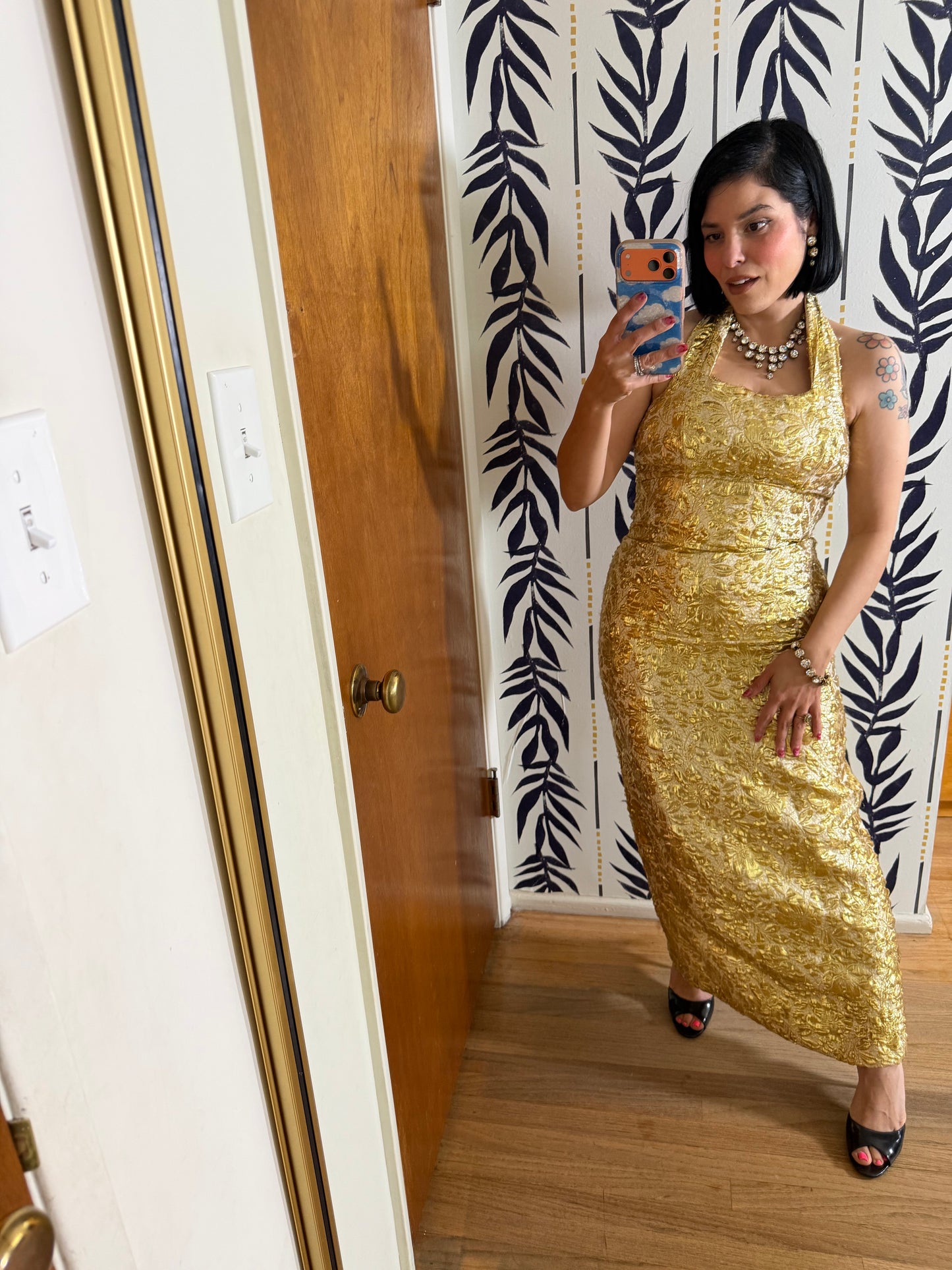 50s Vintage Gold Brocade Bombshell Halter Gown XS-SM