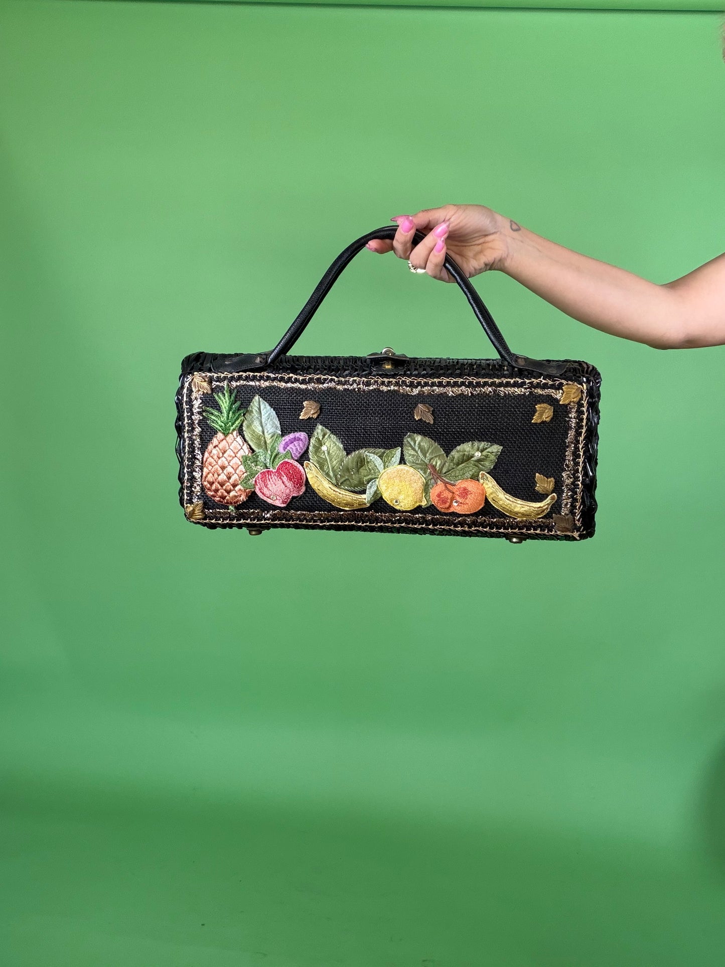 Vintage 50s Black Wicker Oversized Fruit Leather Detail Handbag