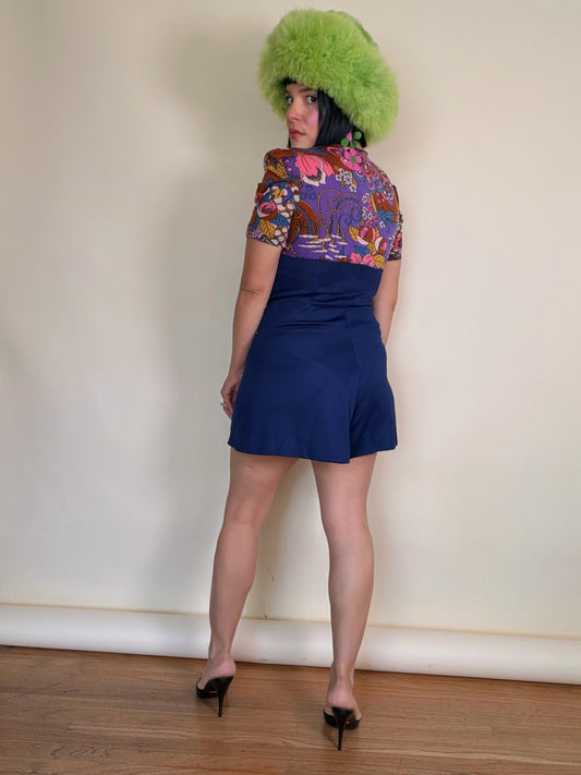 Vintage 60s Goldie Floral Psychedelic Tie-Front Romper with Keyhole Bust Fits XS-M