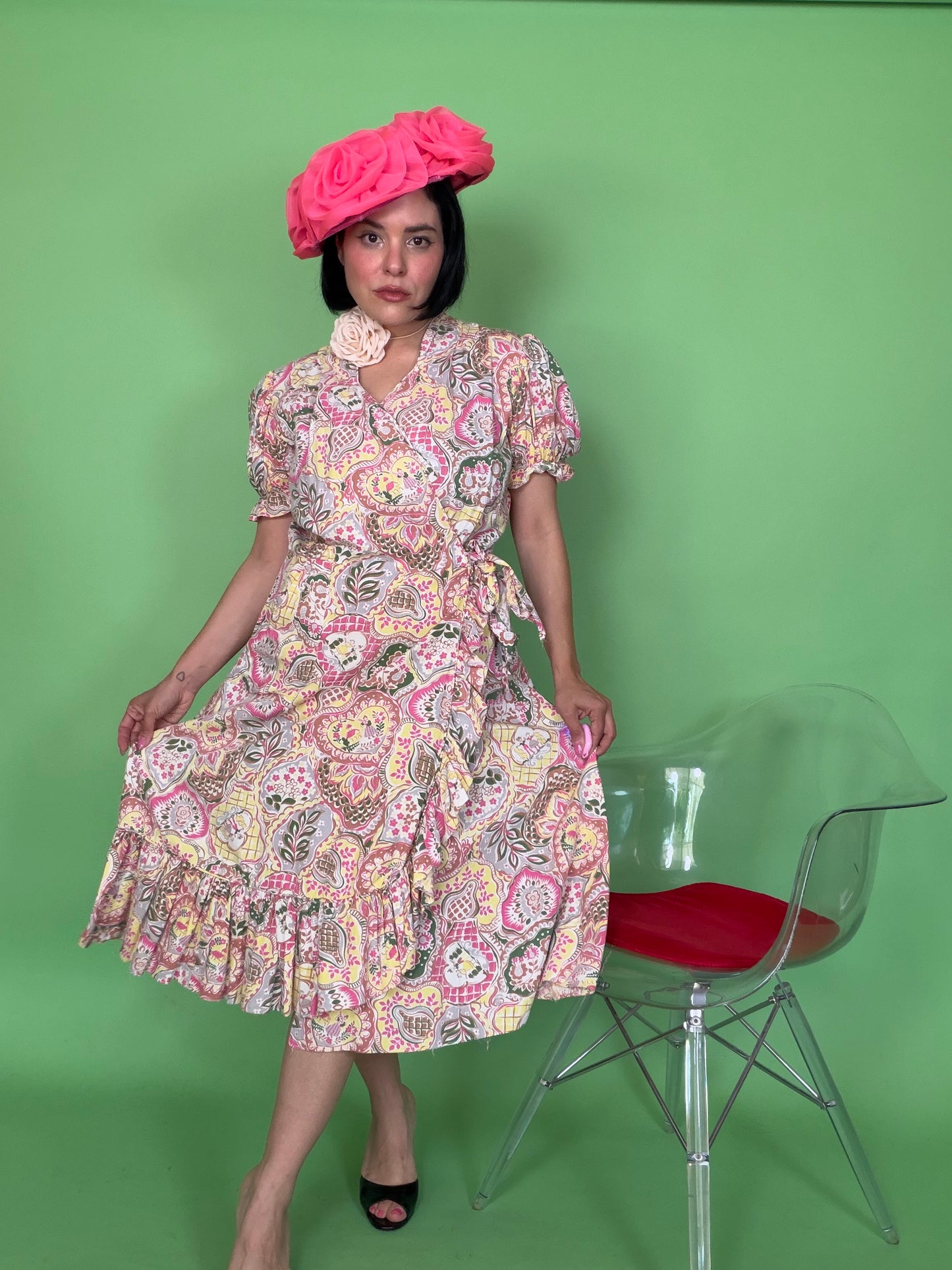 Vintage 40s Novelty Print Cotton Wrap Dress Modern Aire Fits S-L