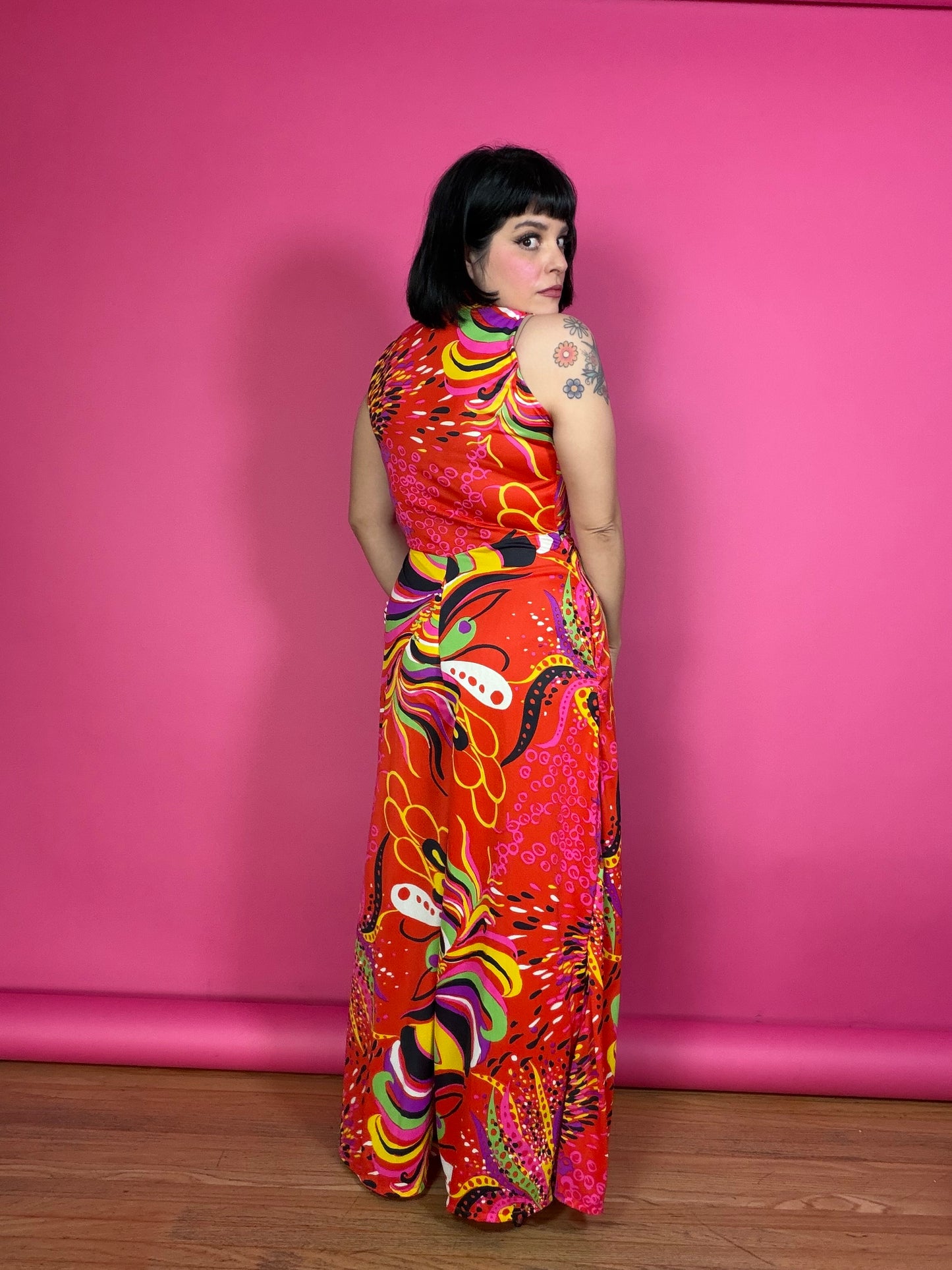 Vintage 60s Red Psychedelic Jumpsuit Fits XS-M
