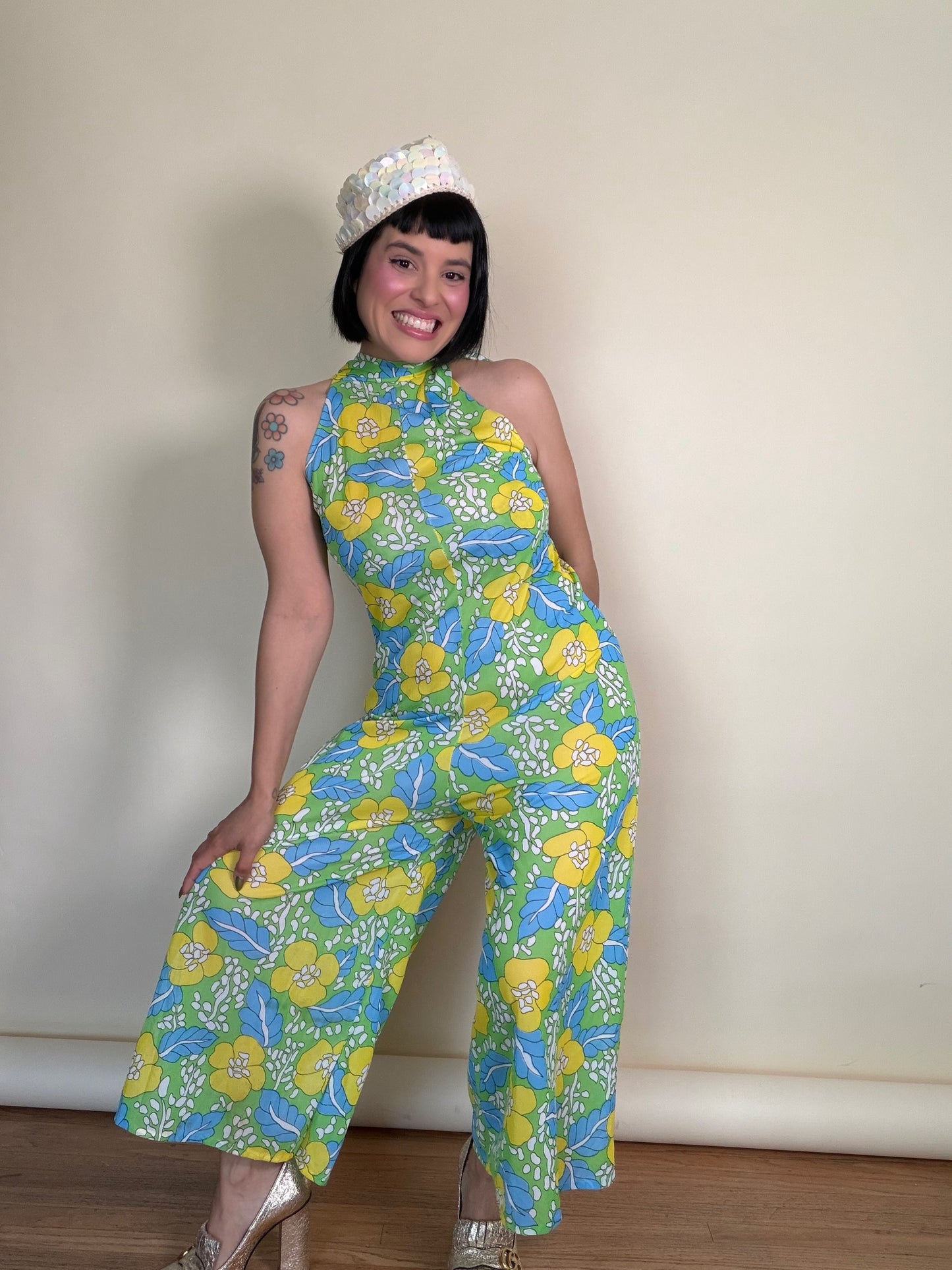Vintage 60s Mod Hawaiian Citrus Floral Wideleg Jumpsuit Fits XS-M