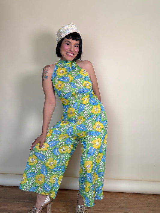 Vintage 60s Mod Hawaiian Citrus Floral Wideleg Jumpsuit Fits XS-M