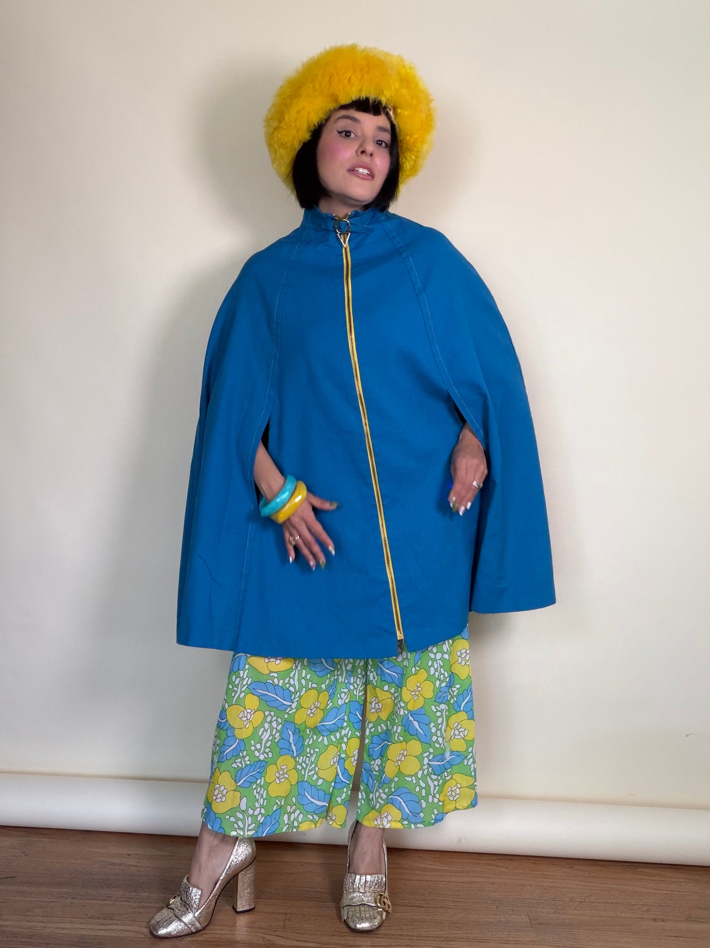 Vintage 60s Marine Blue Mod Poncho Gold Zip Cape by Jonathan Logan Fits all sizes