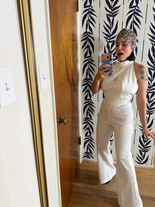70s Vintage Disco White Halter Studded Pant Set XS-M