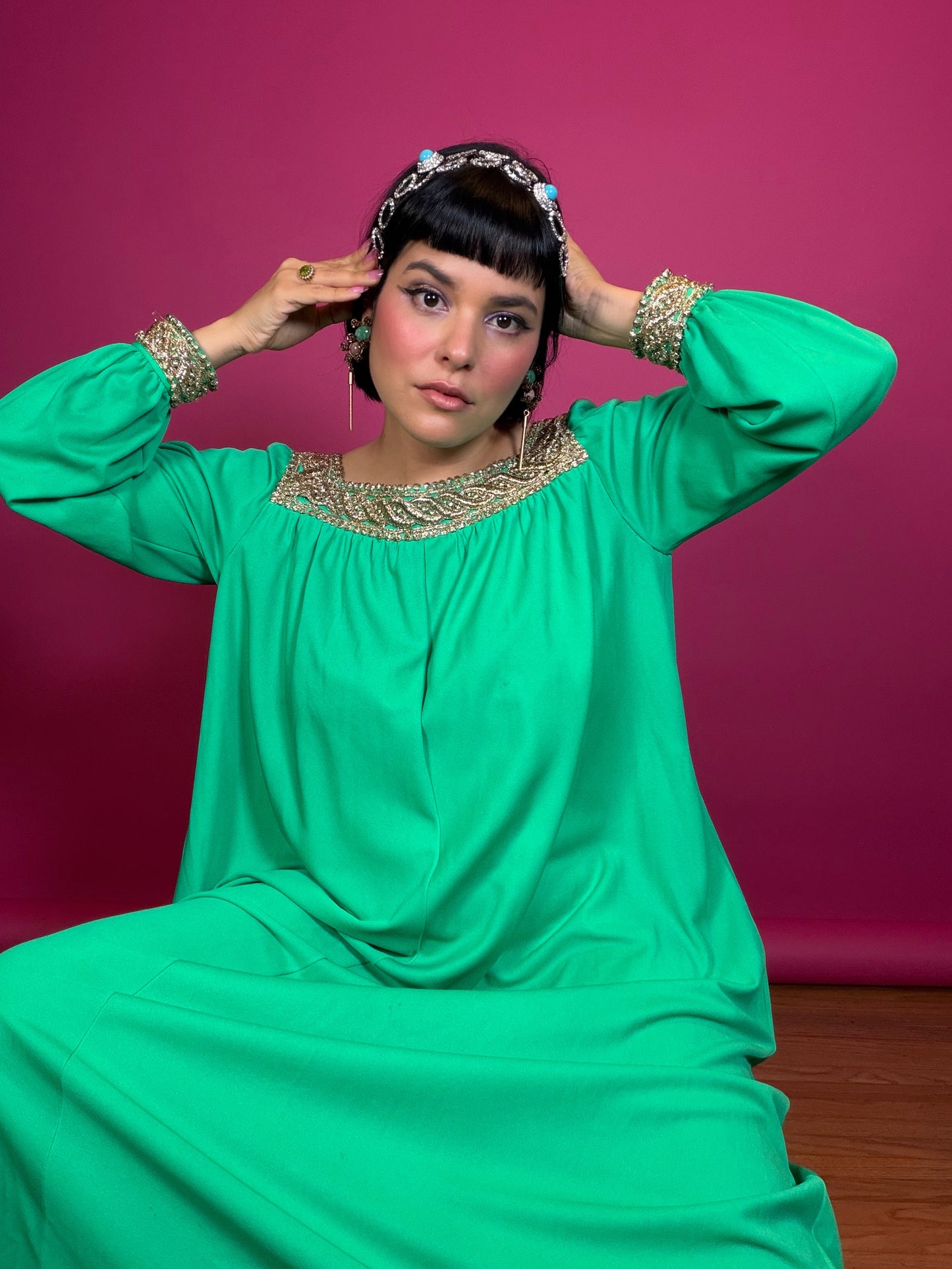 60s Lucie Ann of Beverly Hills Kelley Green & Gold Trapeze Style Dress Fits most sizes
