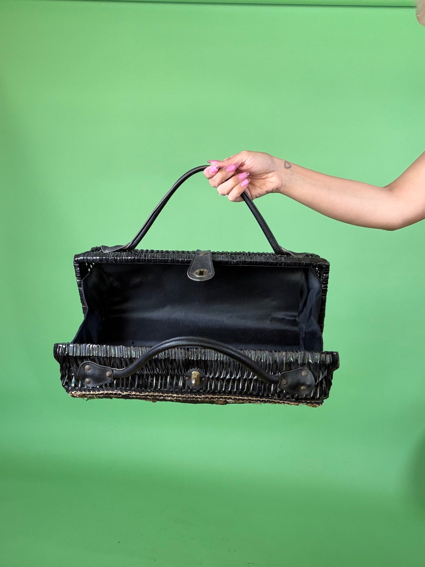Vintage 50s Black Wicker Oversized Fruit Leather Detail Handbag