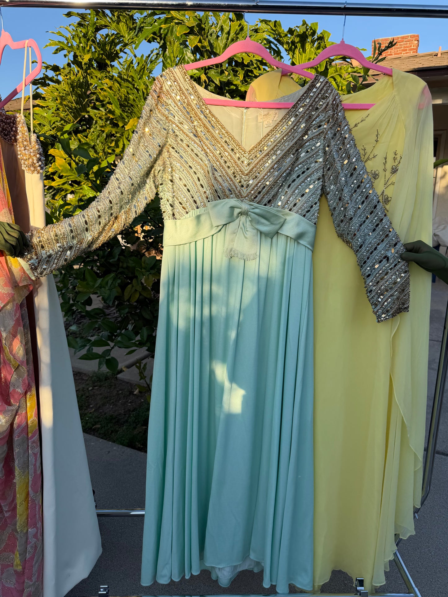 60s Vibes Victoria Royal Ltd. Embellished Chiffon Sea foam Green Gown S-M & possible size L
