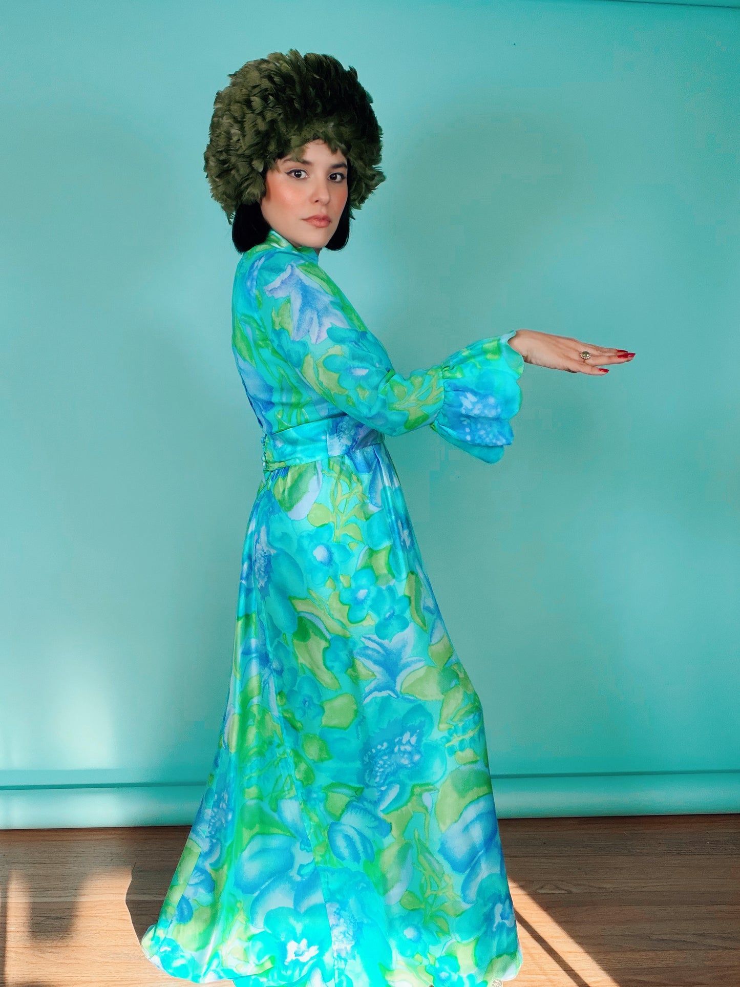 60s Tina Leser Original Floral Silk Chiffon Gown Fits XS-SM