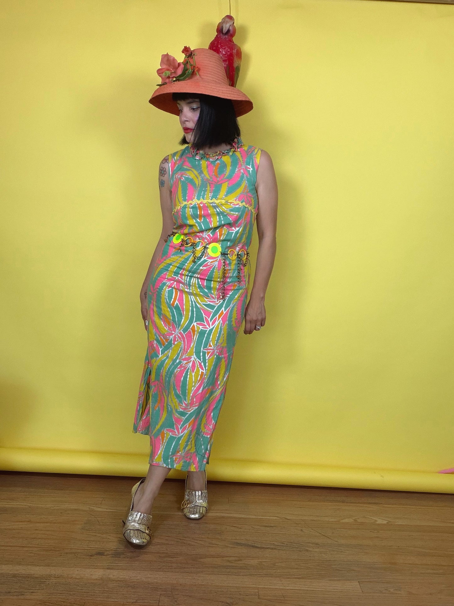 Vintage 60s Birds of Paradise DayGlo Metallic Maxi Dress Fits XS-SM
