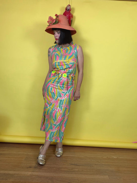 Vintage 60s Birds of Paradise DayGlo Metallic Maxi Dress Fits XS-SM