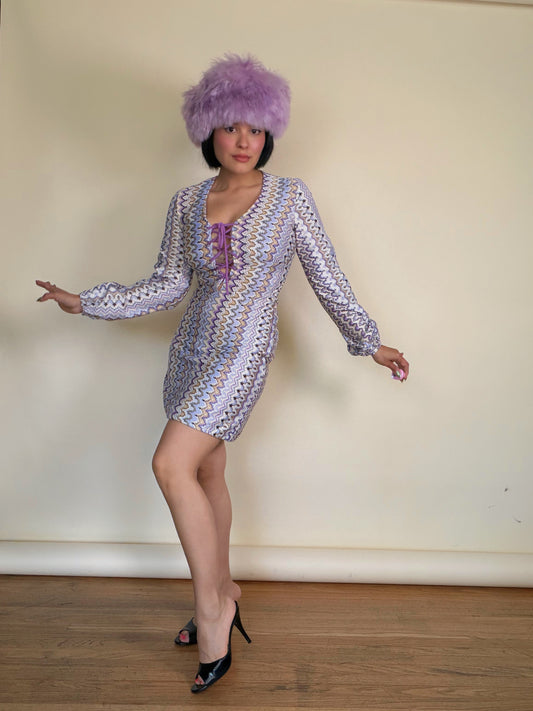 Vintage 60s “Missoni” Style Zig Zag Print Lace up Dress Fits XS-SM