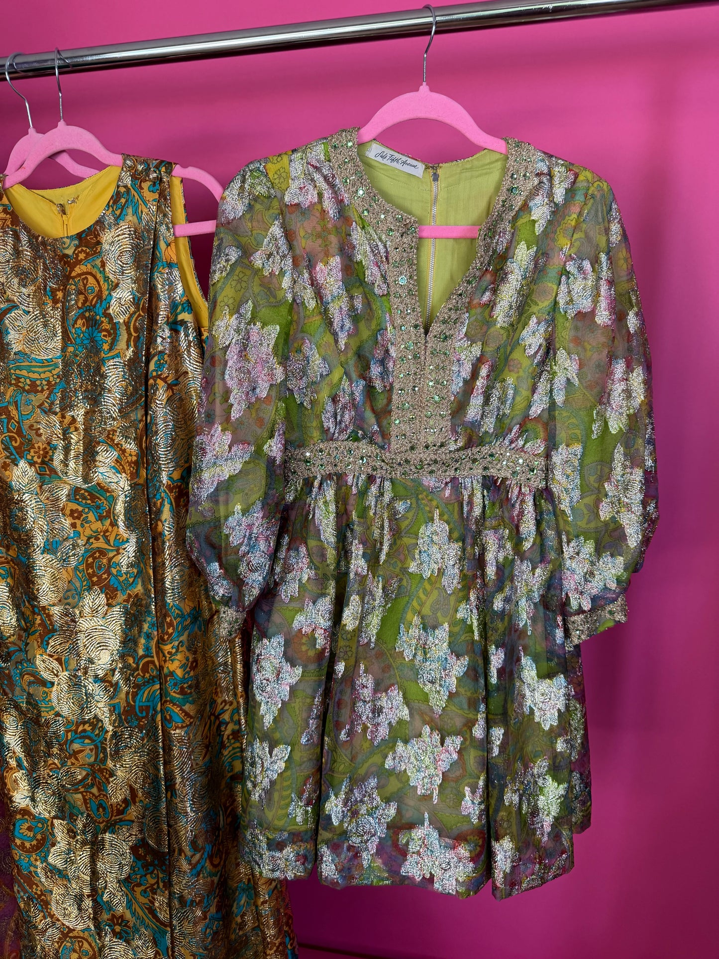 Vintage 60s Saks 5th Ave Chartreuse Rainbow & Gold Lame Cocktail Dress Fits XS-SM