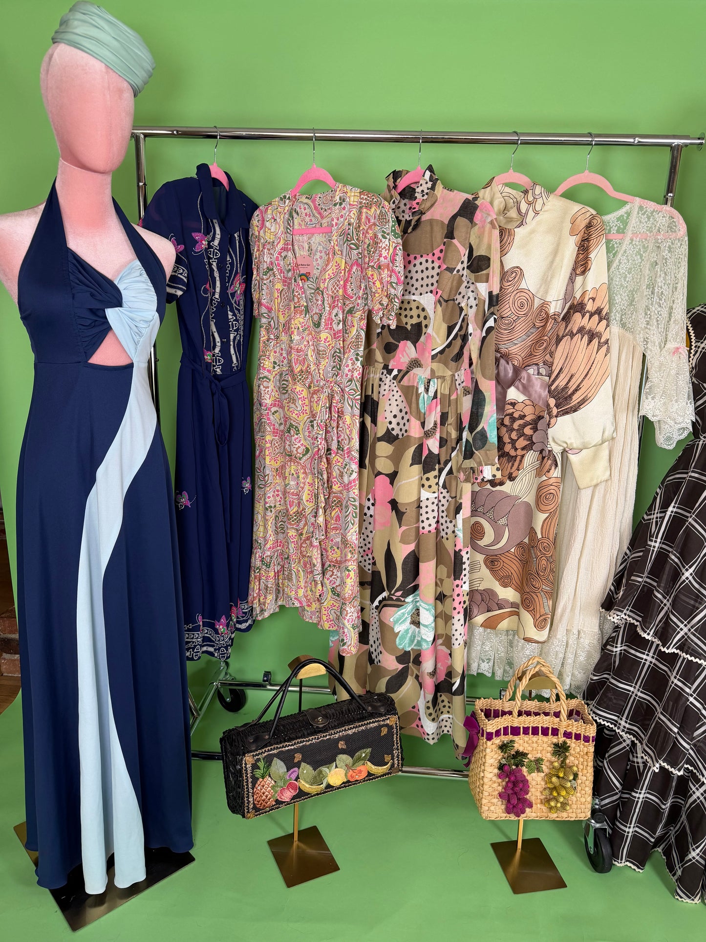 Vintage 60s Neutral Tone Psychedelic Maxi Dress XS-M
