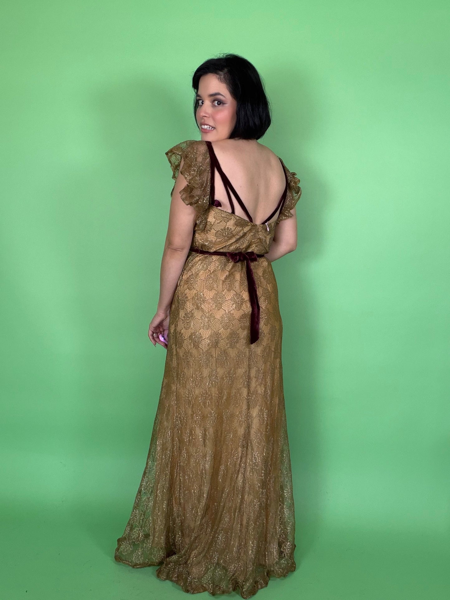 Vintage 30s Bronze Metallic Lace with Velvet Detail Gown Fits XS-SM & Possible size M