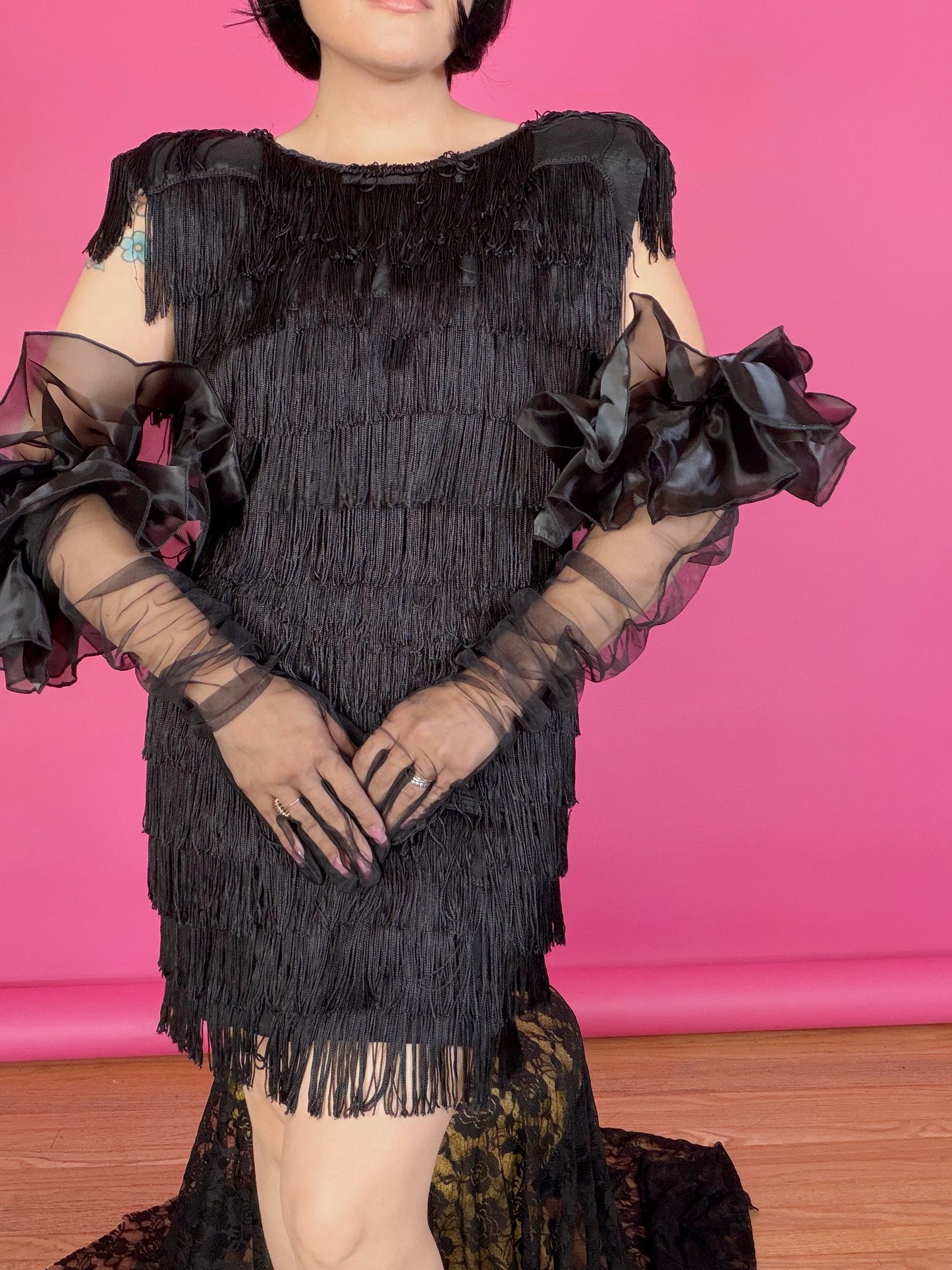 Vintage 70s / 80s Black Fringe Wiggle Dress Made by Roberta
