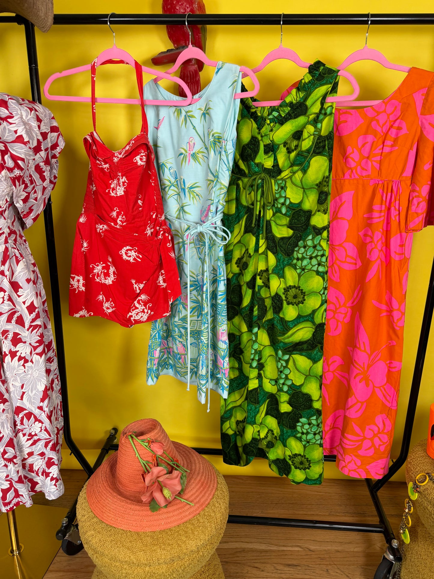 Vintage 60s Lee Stevens of Miami Polished Cotton Tropical Parrot Paradise Print Dress XS-SM