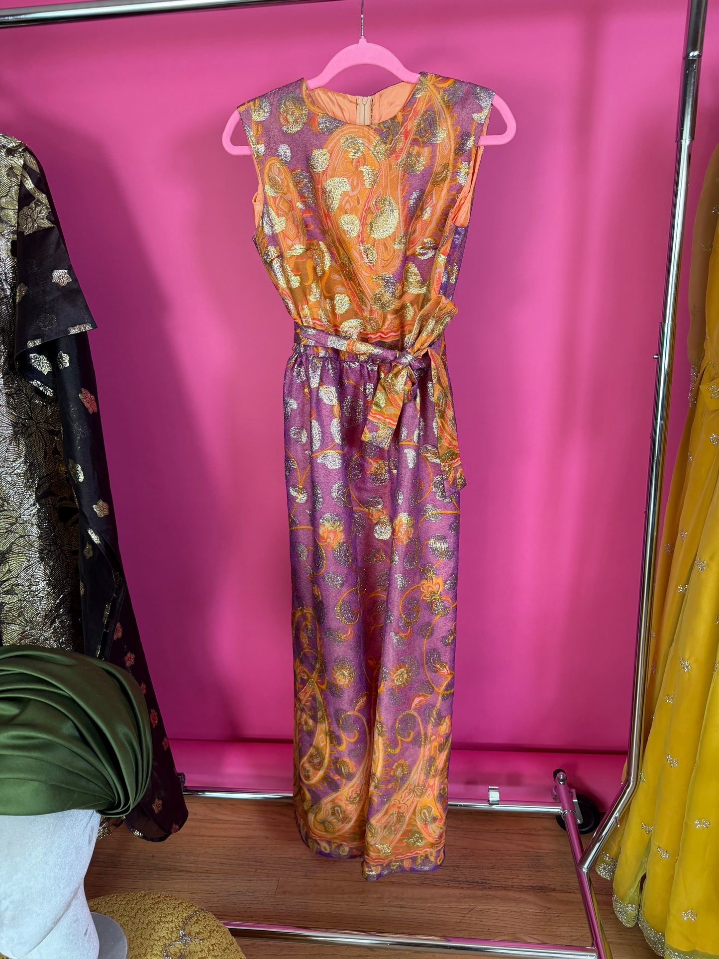 Vintage 60s Krist Sunset Ombre & Gold Paisley Gown Fits XS-SM & Possible size M