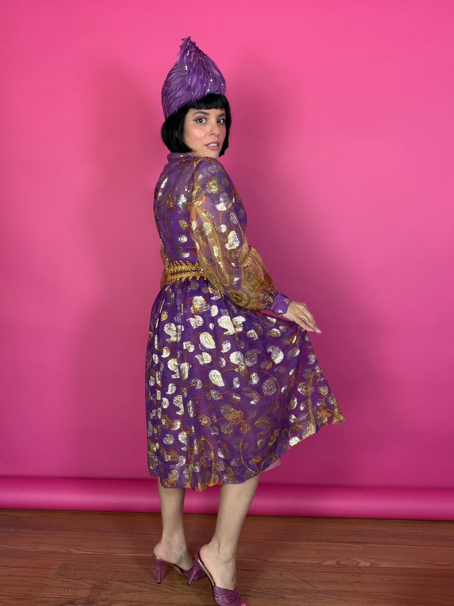 Vintage 60s Carrie Couture Purple & Gold Lame Cocktail Dress Fits XS-SM