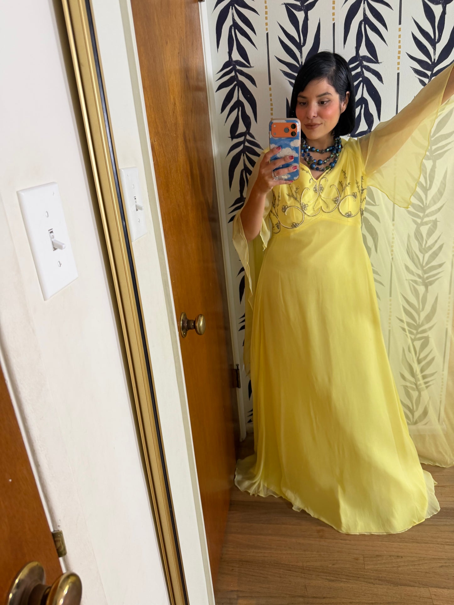 60s Vintage Ethereal Yellow Chiffon Cape Sleeve Gown Fits S-M