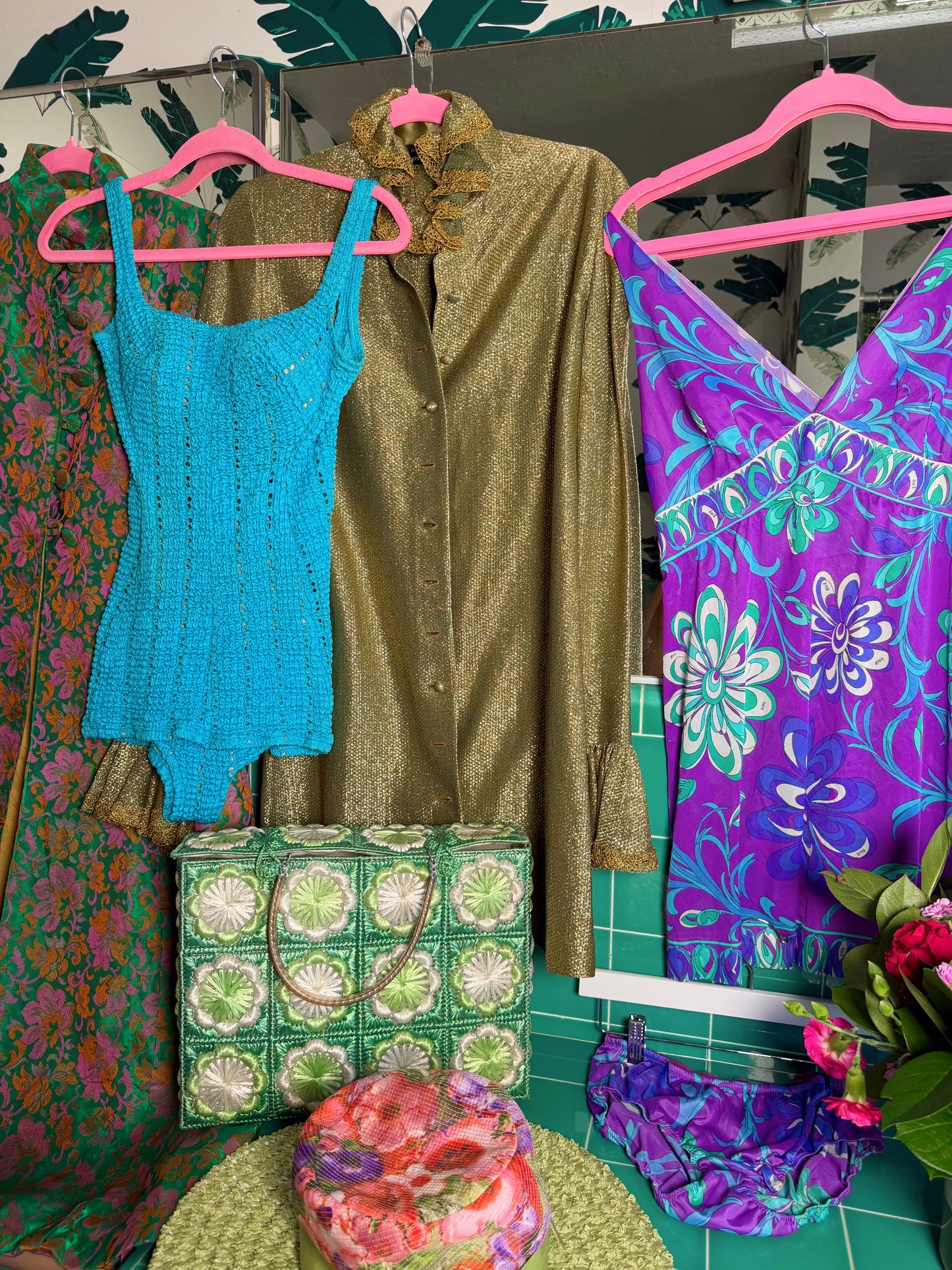 Vintage RARE 70s Betsey Johnson Paraphernalia Gold Metallic Bell Sleeve Mini Duster Dress XS-M